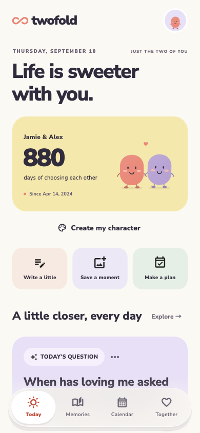Twofold: Shared milestones and a daily question with demo couple data.